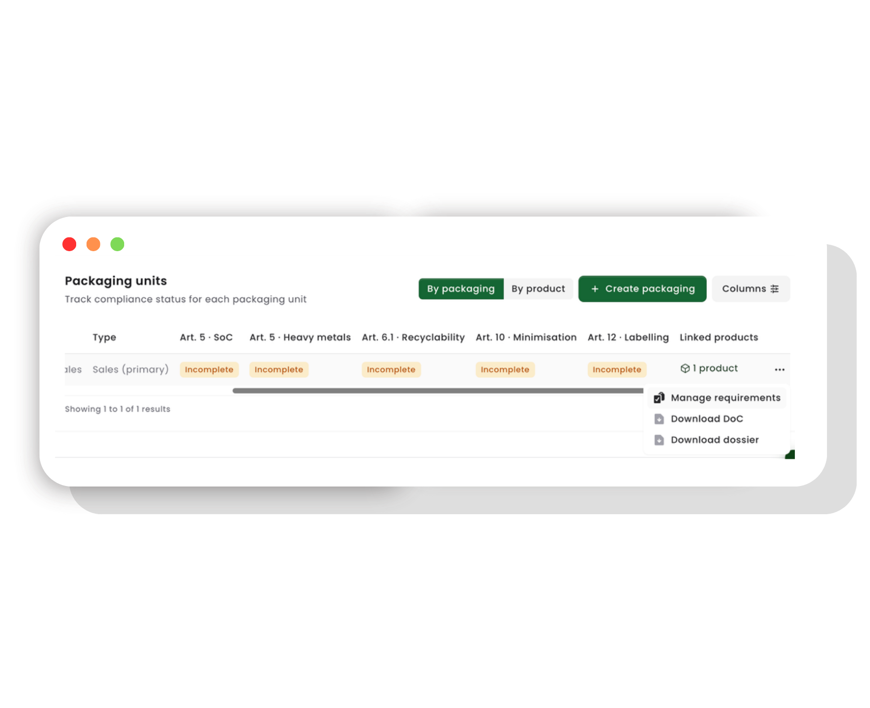 View requirements and status screenshot